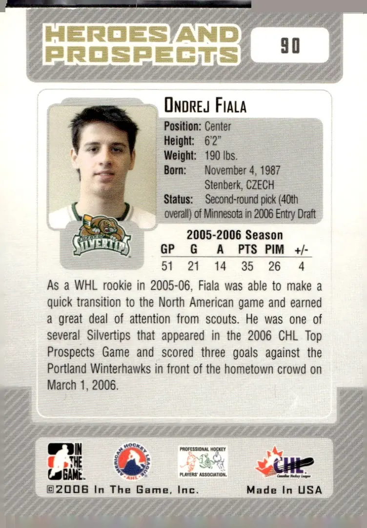2006-07 Heroes and Prospects #90 Ondrej Fiala (back)