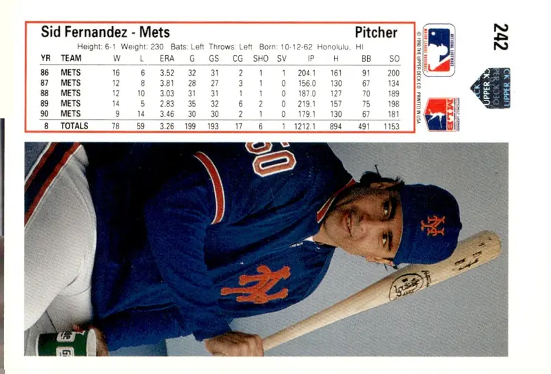 1991 Upper Deck #242 Sid Fernandez (back)