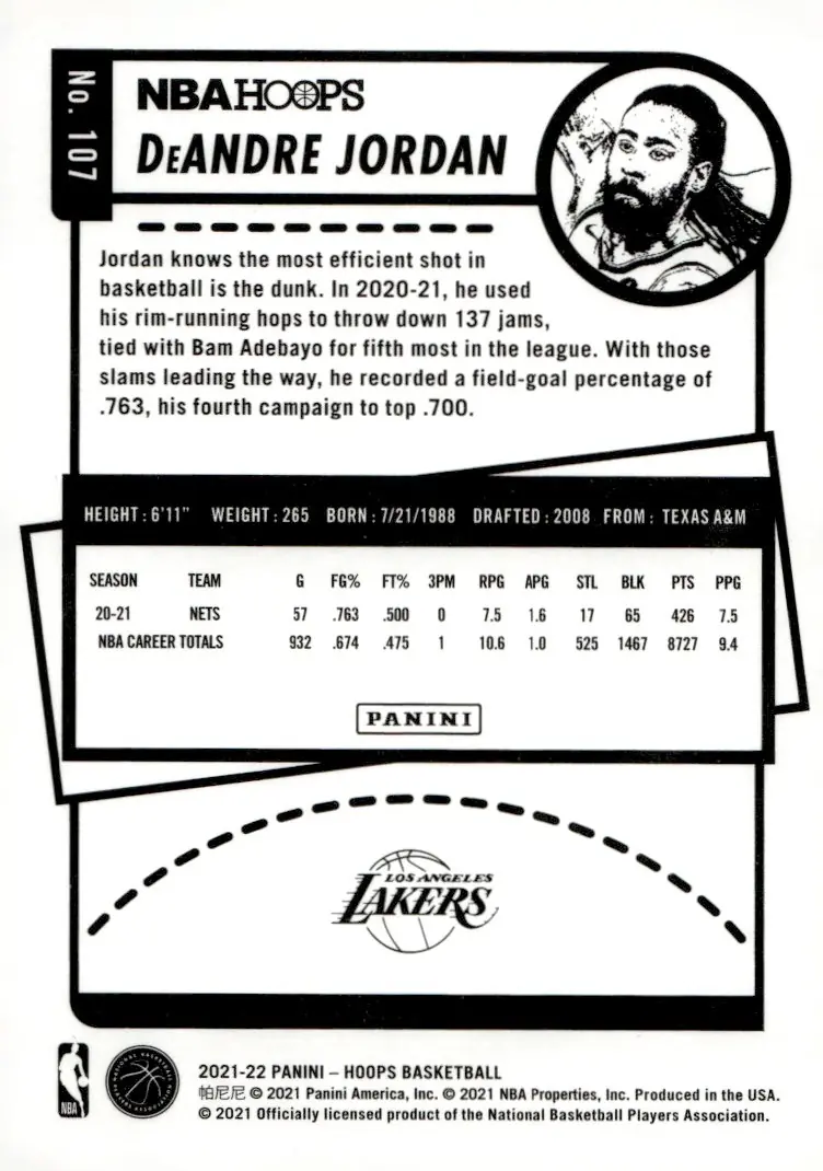 2021-22 NBA Hoops #107 DeAndre Jordan (back)