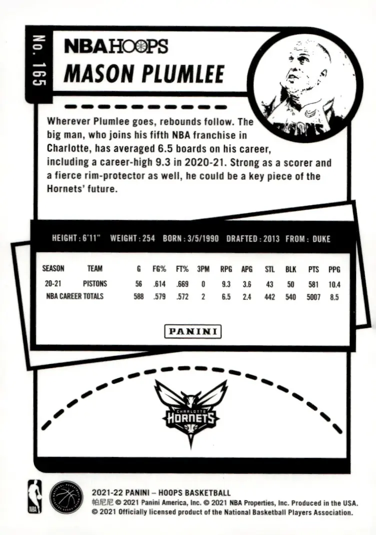 2021-22 NBA Hoops #165 Mason Plumlee (back)