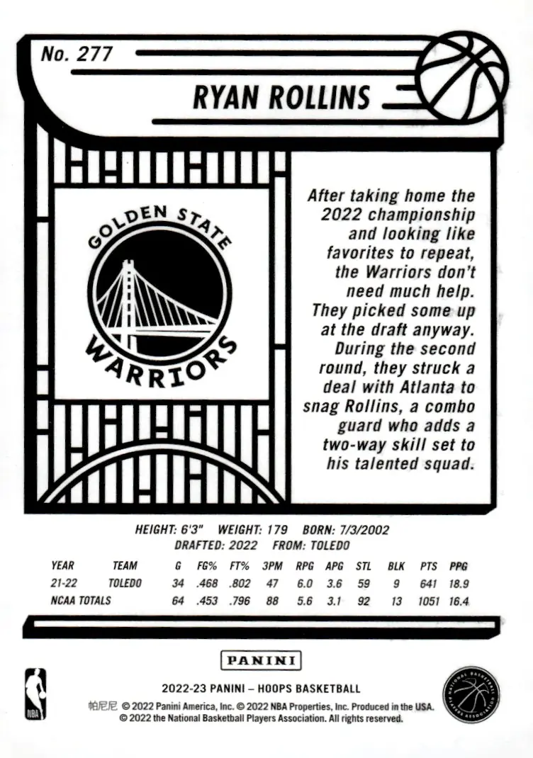 2022-23 NBA Hoops #277 Ryan Rollins (back)