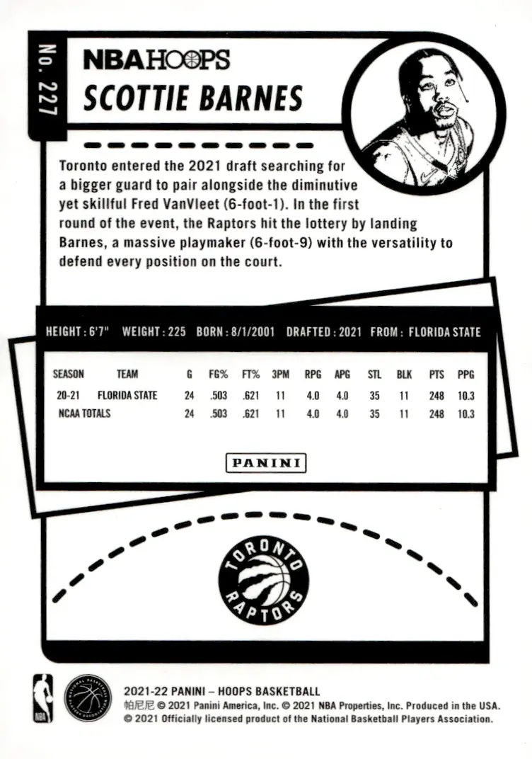 2021-22 NBA Hoops #227 Scottie Barnes (back)