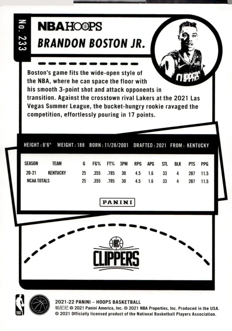 2021-22 NBA Hoops #233 Brandon Boston Jr. (back)