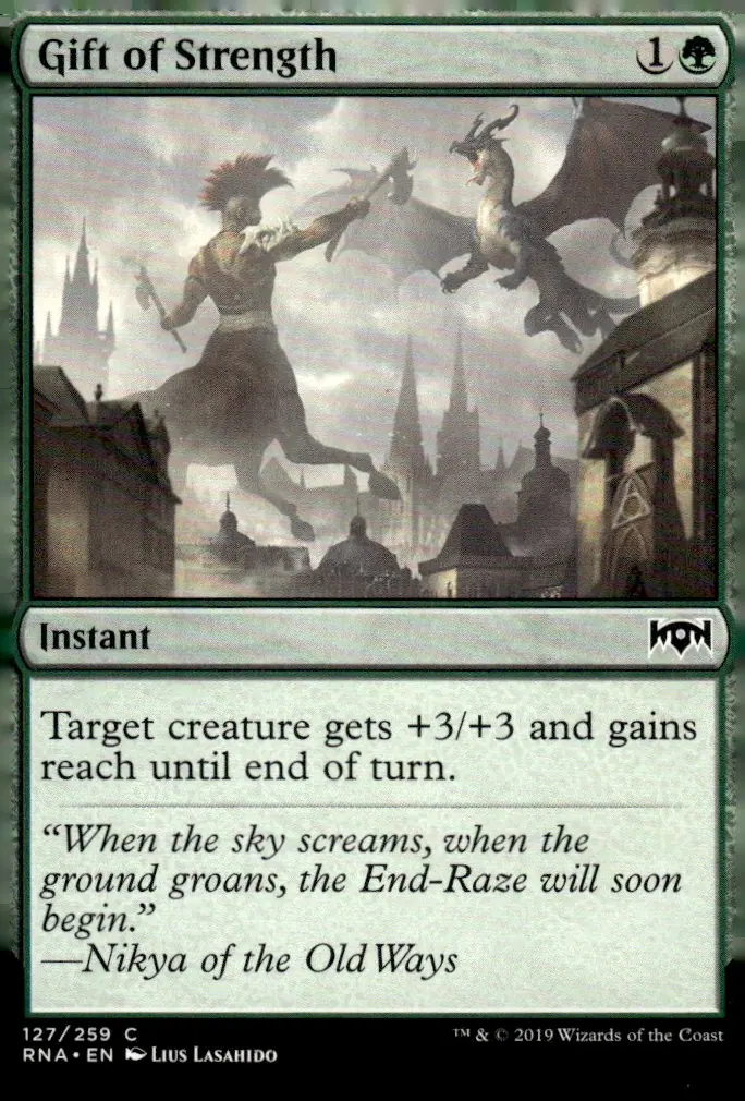 2019 Ravnica Allegiance (RNA) #127/259 Gift of Strength (card name); art by Lius Lasahido (front)