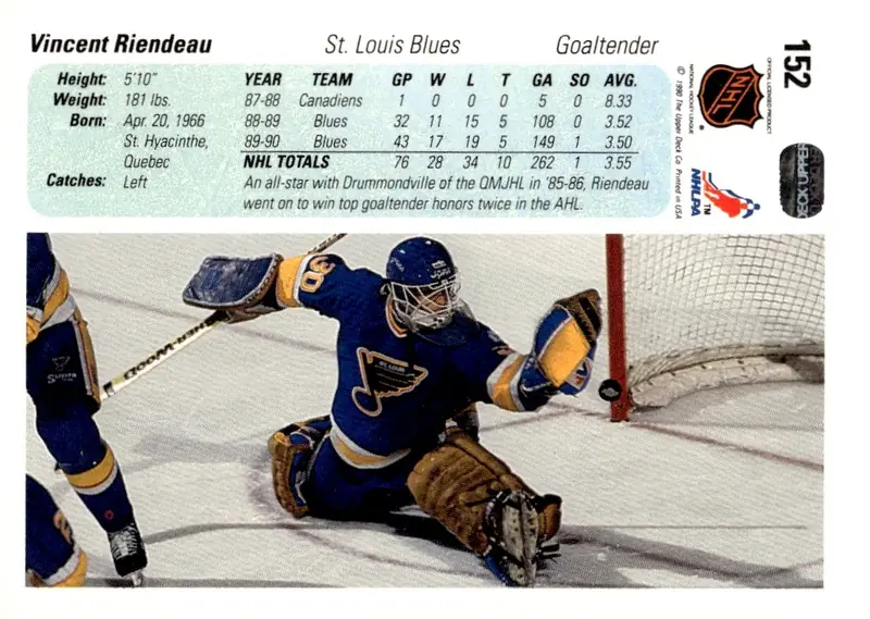 1990-91 Upper Deck #152 Vincent Riendeau – English (back)