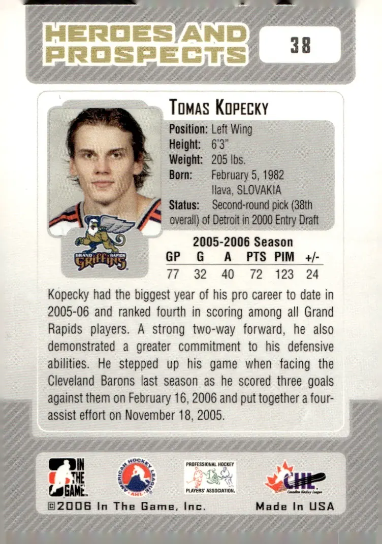2006-07 In The Game Heroes and Prospects #38 Tomas Kopecky (back)