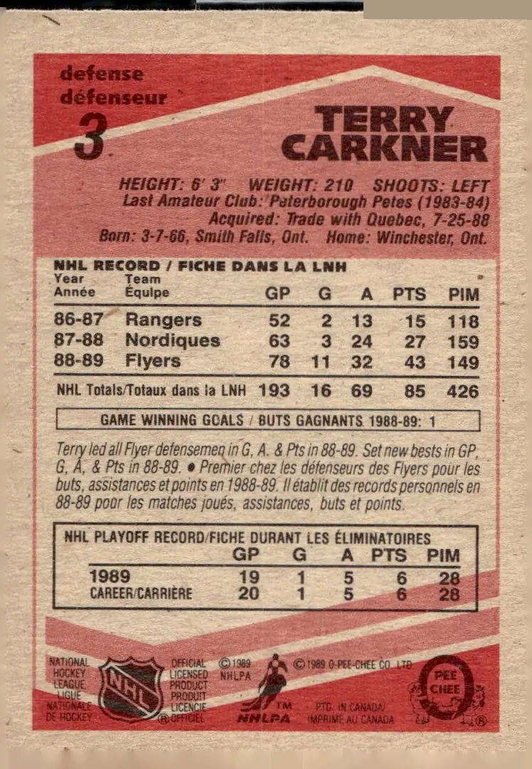 1989-90 O-Pee-Chee #3 Terry Carkner (back)