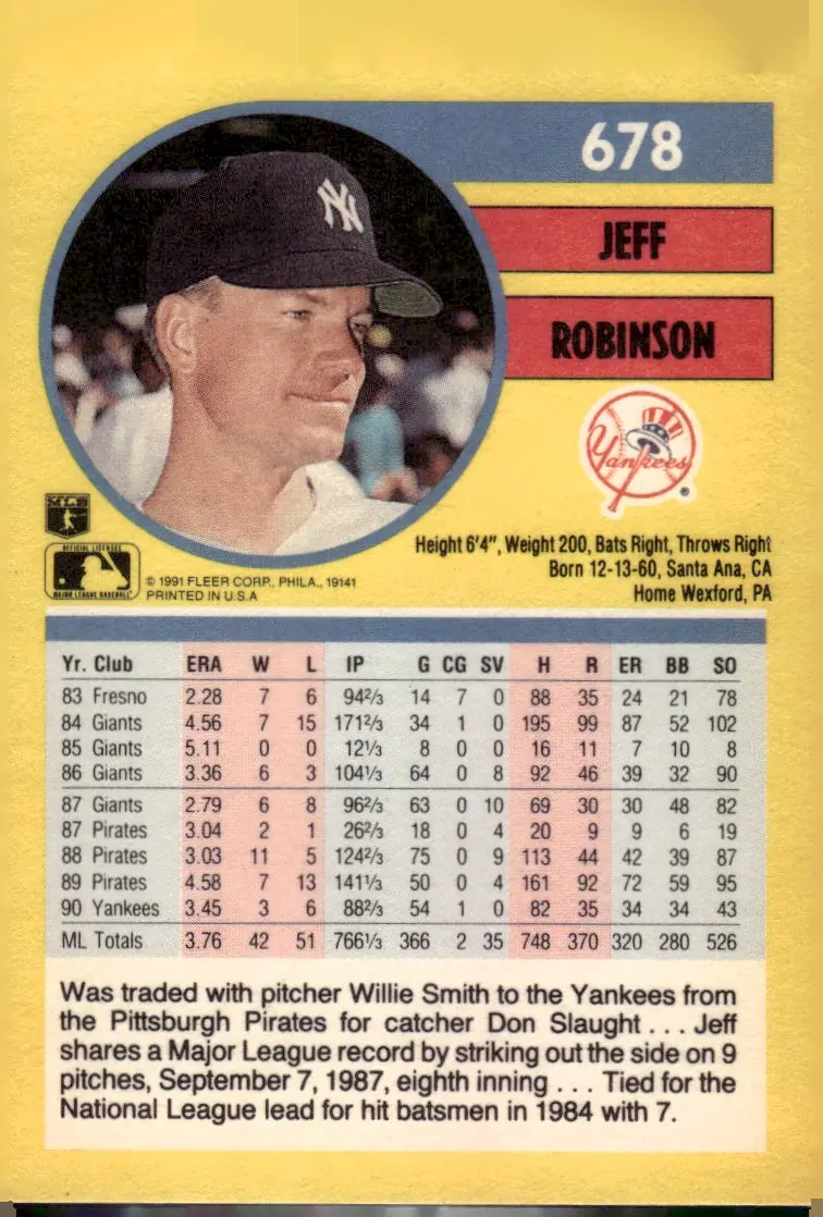 1991 Fleer #678 Jeff Robinson (back)