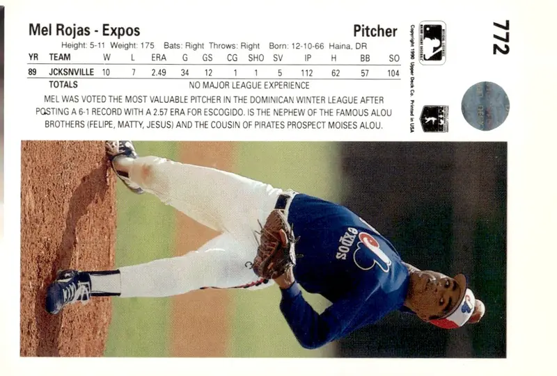 1990 Upper Deck #772 Mel Rojas (back)