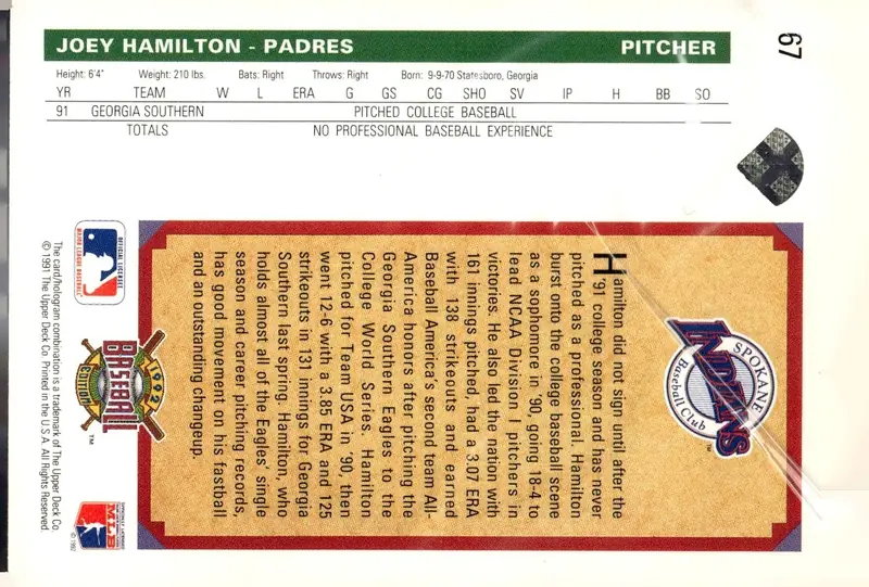 1992 Upper Deck #67 Joey Hamilton (back)