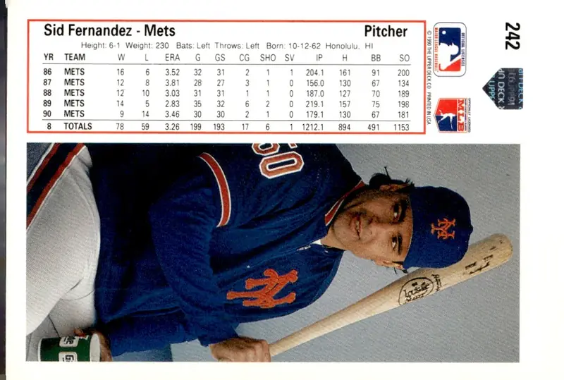 1991 Upper Deck #242 Sid Fernandez (back)