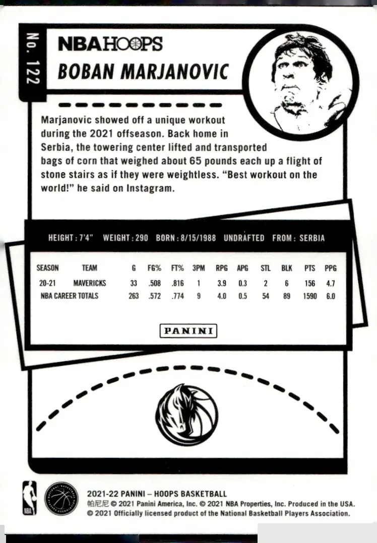 2021-22 NBA Hoops #122 Boban Marjanovic (back)