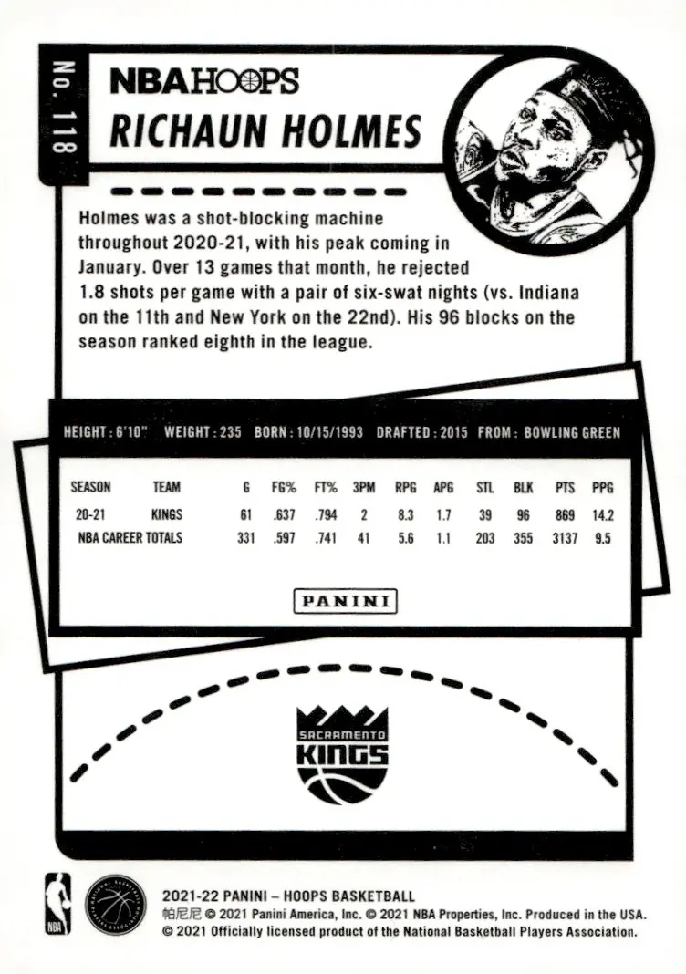 2021-22 NBA Hoops #118 Richaun Holmes (back)