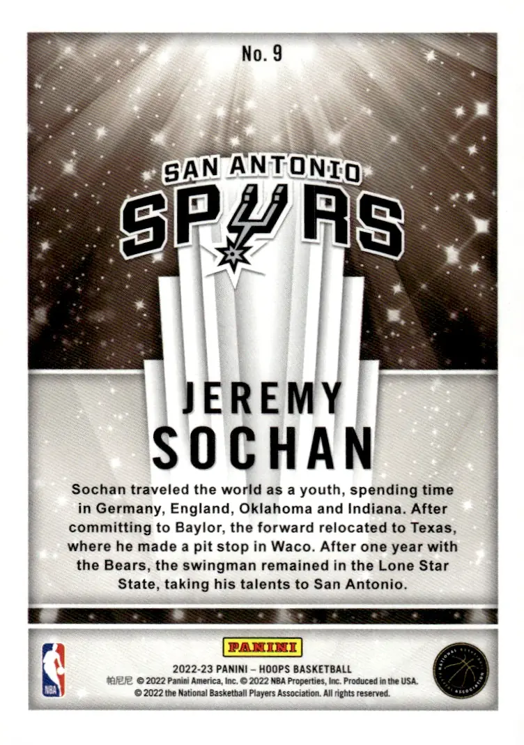 2022-23 NBA Hoops #9 Jeremy Sochan (back)