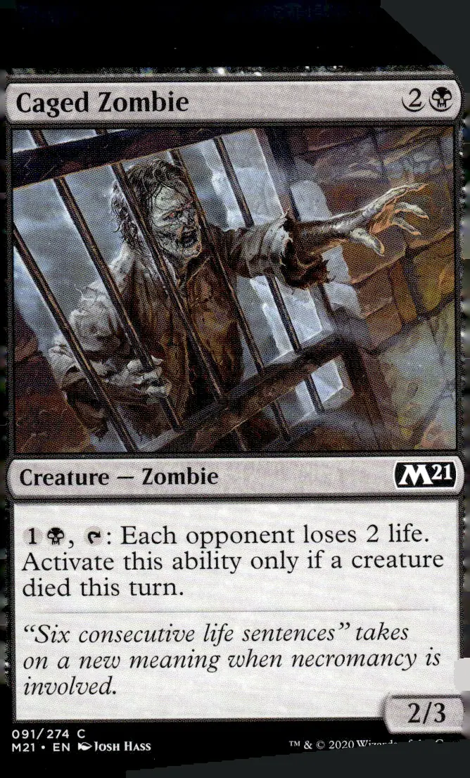 2020 Core Set 2021 (M21) #091/274 Caged Zombie (Creature — Zombie, 2/3); art by Josh Hass (front)