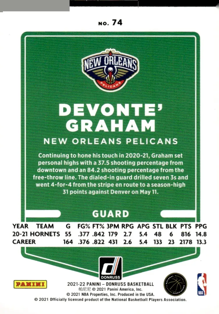 2021-22 Donruss Basketball #74 Devonte' Graham (back)