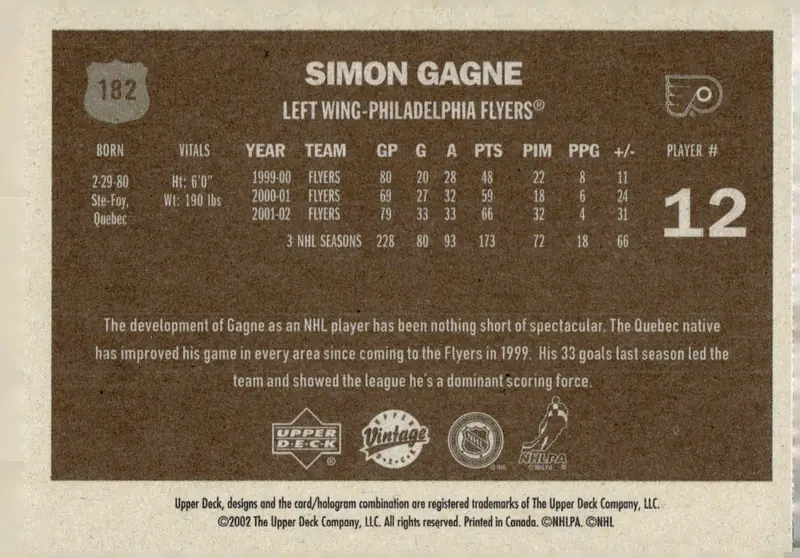 2002-03 Upper Deck Vintage #182 Simon Gagne (back)