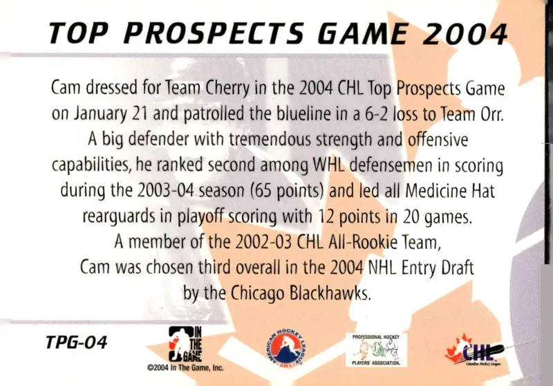 2004-05 In The Game Heroes and Prospects #TPG-04 Cam Barker (back)