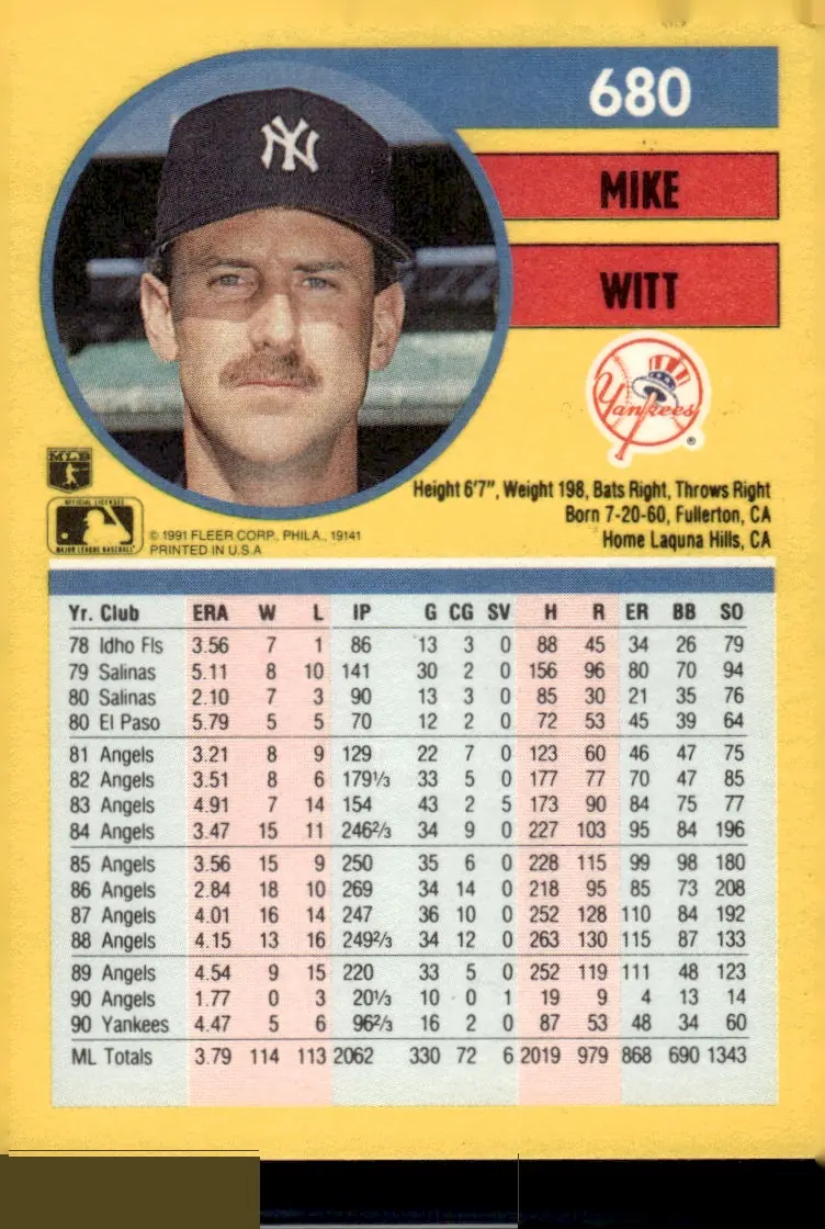 1991 Fleer #680 Mike Witt (back)