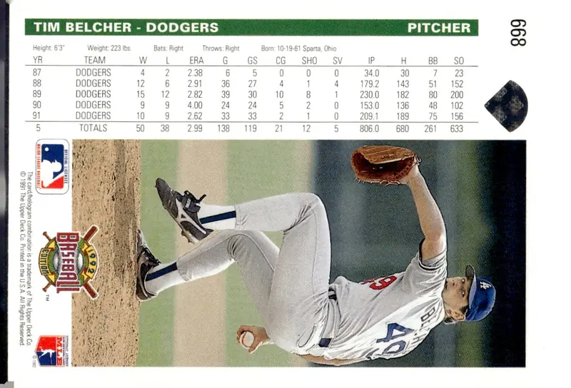 1992 Upper Deck Baseball #668 Tim Belcher (back)