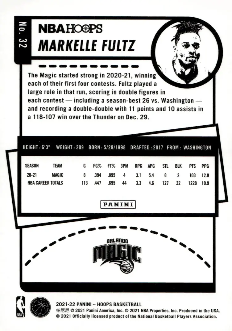 2021-22 NBA Hoops #32 Markelle Fultz (back)
