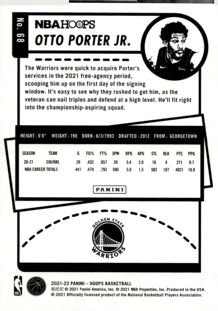 2021-22 NBA Hoops #68 Otto Porter Jr. (back)