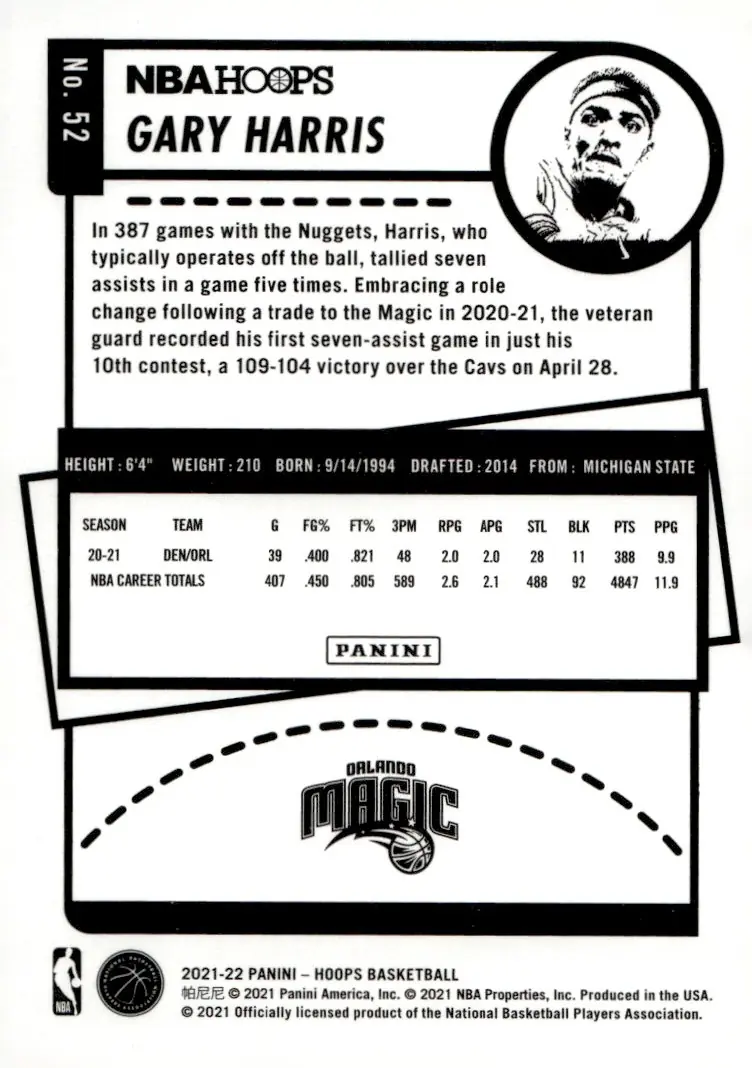 2021-22 NBA Hoops #52 Gary Harris (back)