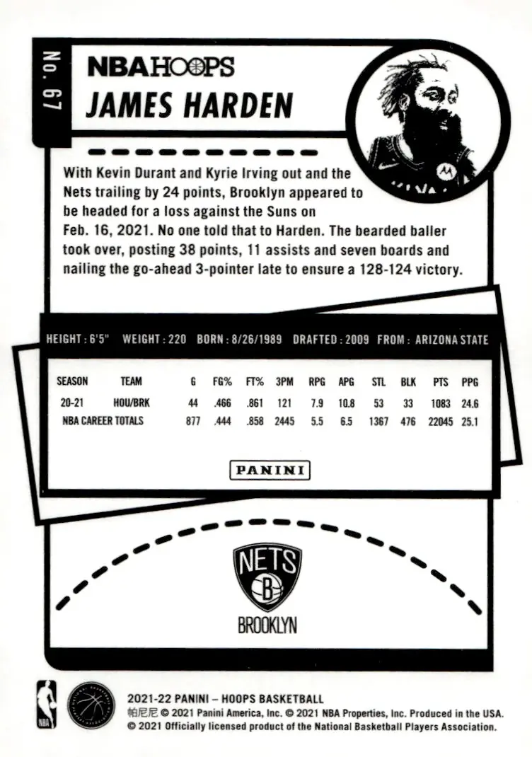 2021-22 NBA Hoops #67 James Harden (back)