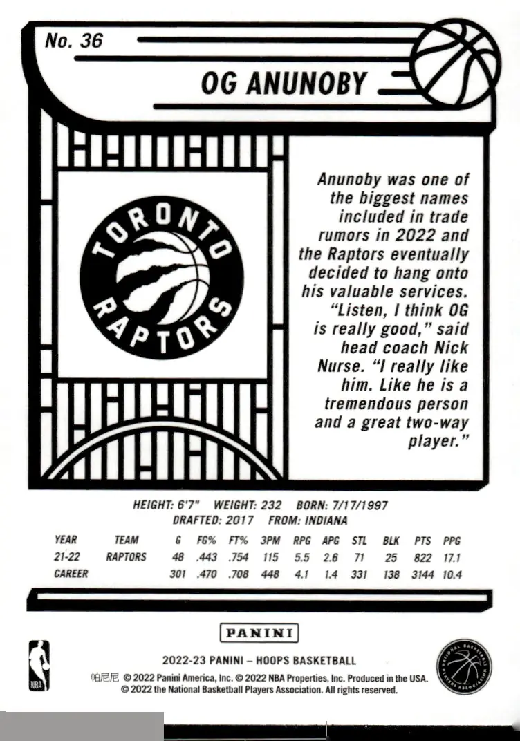 2022-23 NBA Hoops #36 OG Anunoby (back)