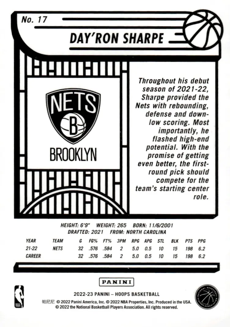 2022-23 NBA Hoops #17 Day'Ron Sharpe (back)