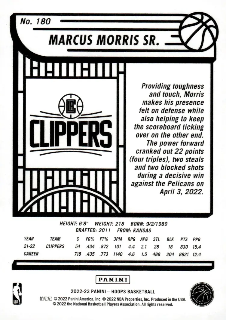 2022-23 NBA Hoops #180 Marcus Morris Sr. (back)