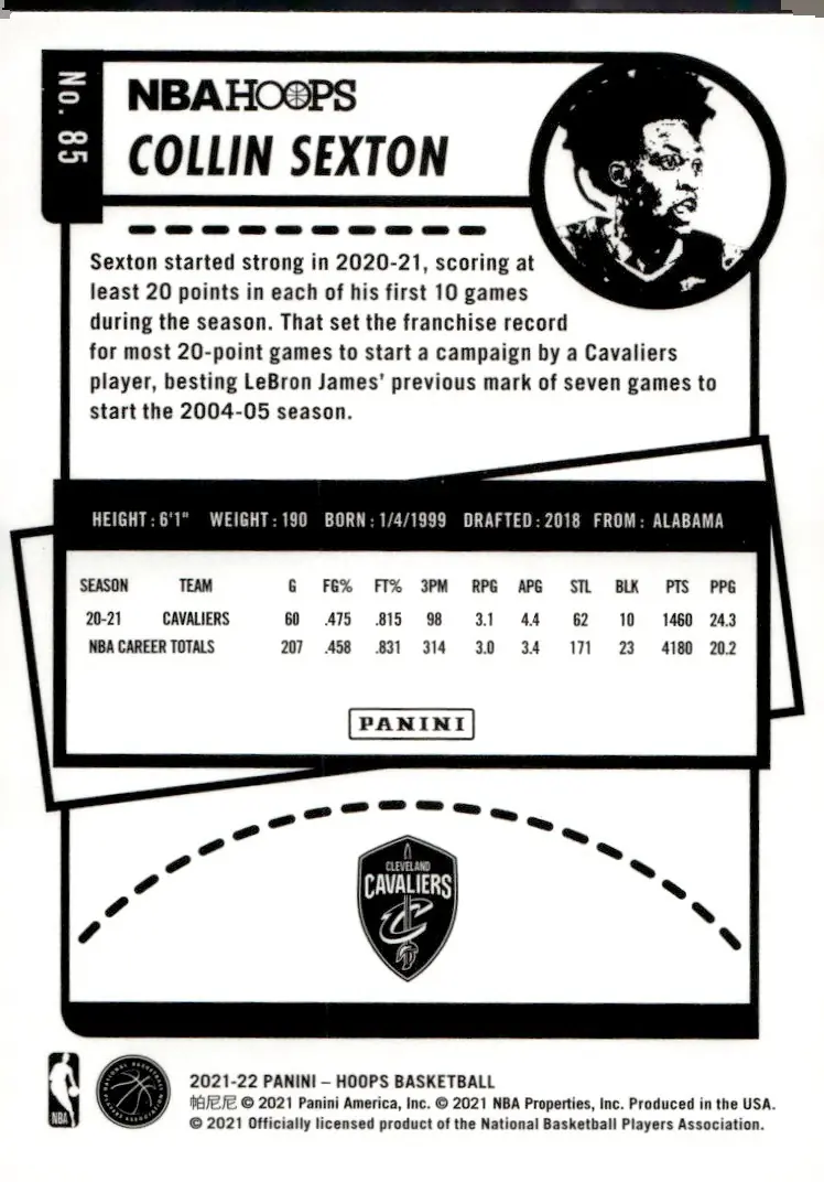 2021-22 NBA Hoops #85 Collin Sexton (back)