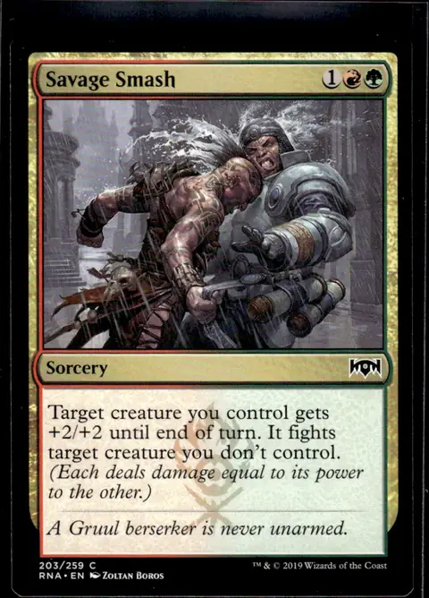 2019 Ravnica Allegiance (RNA) #203/259 Savage Smash (card name); art by Zoltan Boros