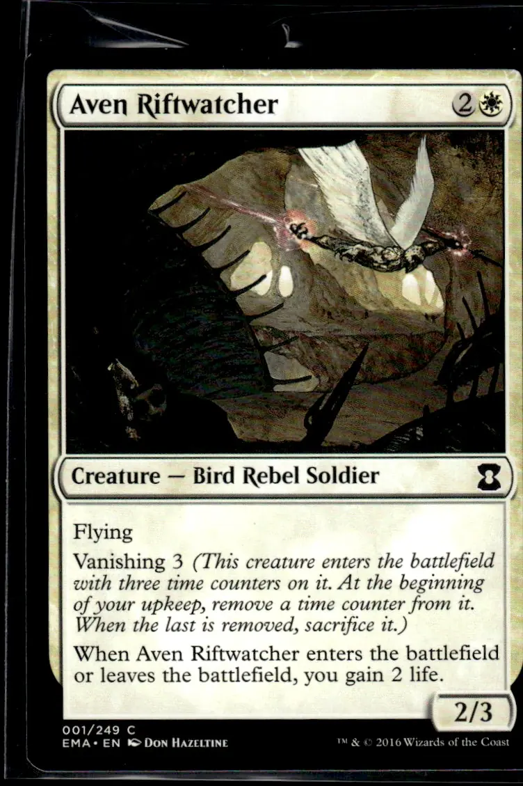 2016 Eternal Masters (EMA) #001/249 Aven Riftwatcher (Creature — Bird Rebel Soldier); art by Don Hazeltine (front)