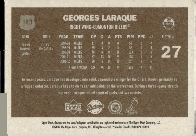 2002-03 Upper Deck Vintage #103 Georges Laraque (back)