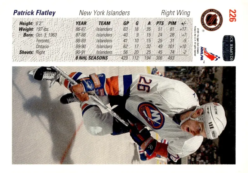 1991-92 Upper Deck #226 Patrick Flatley (back)