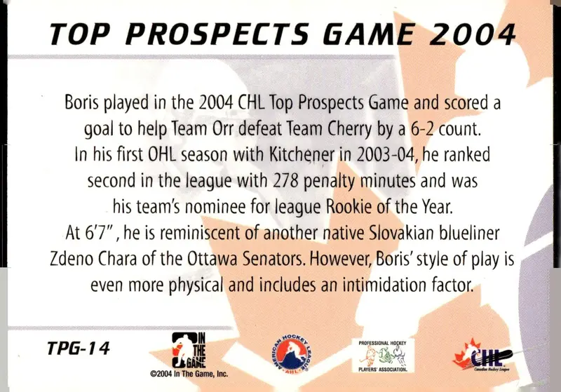 2004-05 In The Game Heroes and Prospects #TPG-14 Boris Valabik (back)