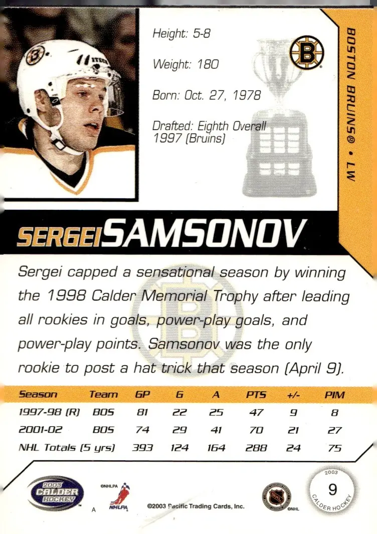2002-03 Pacific Calder #9 Sergei Samsonov (back)