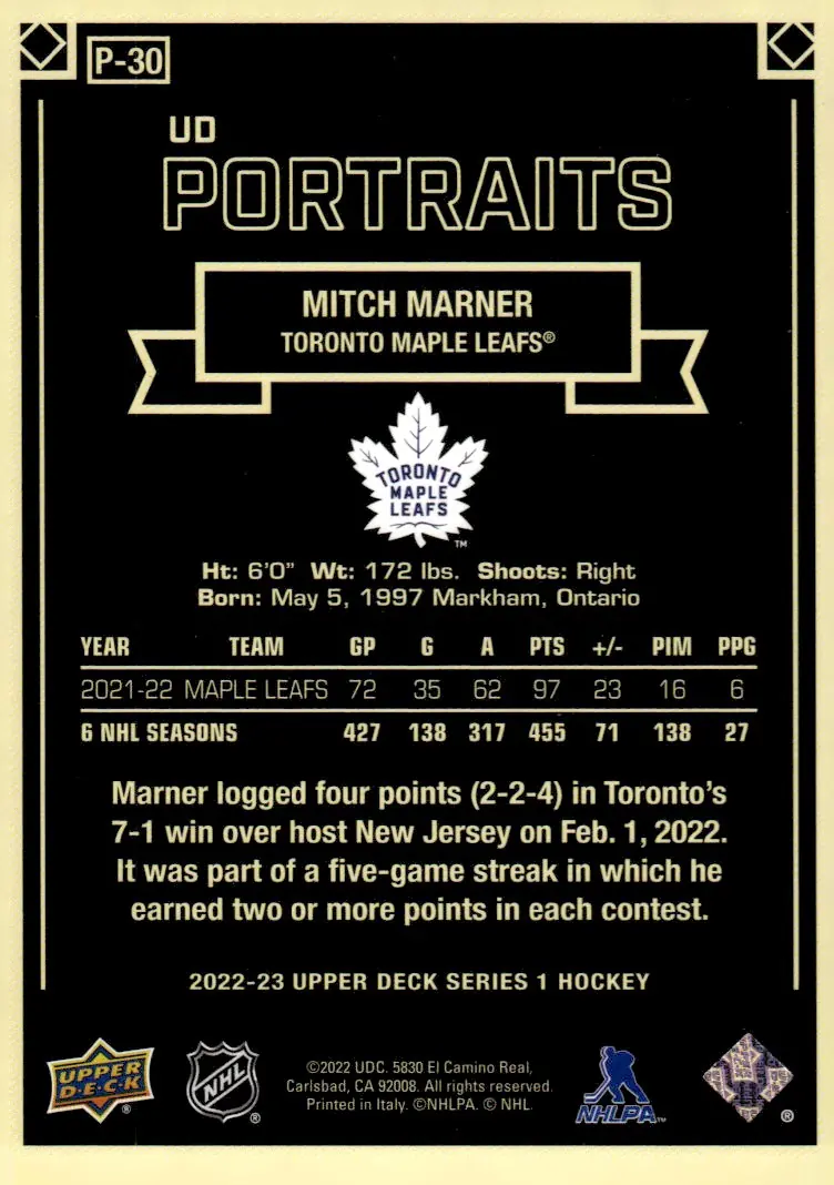 2022-23 Upper Deck Series 1 #P-30 Mitch Marner (back)