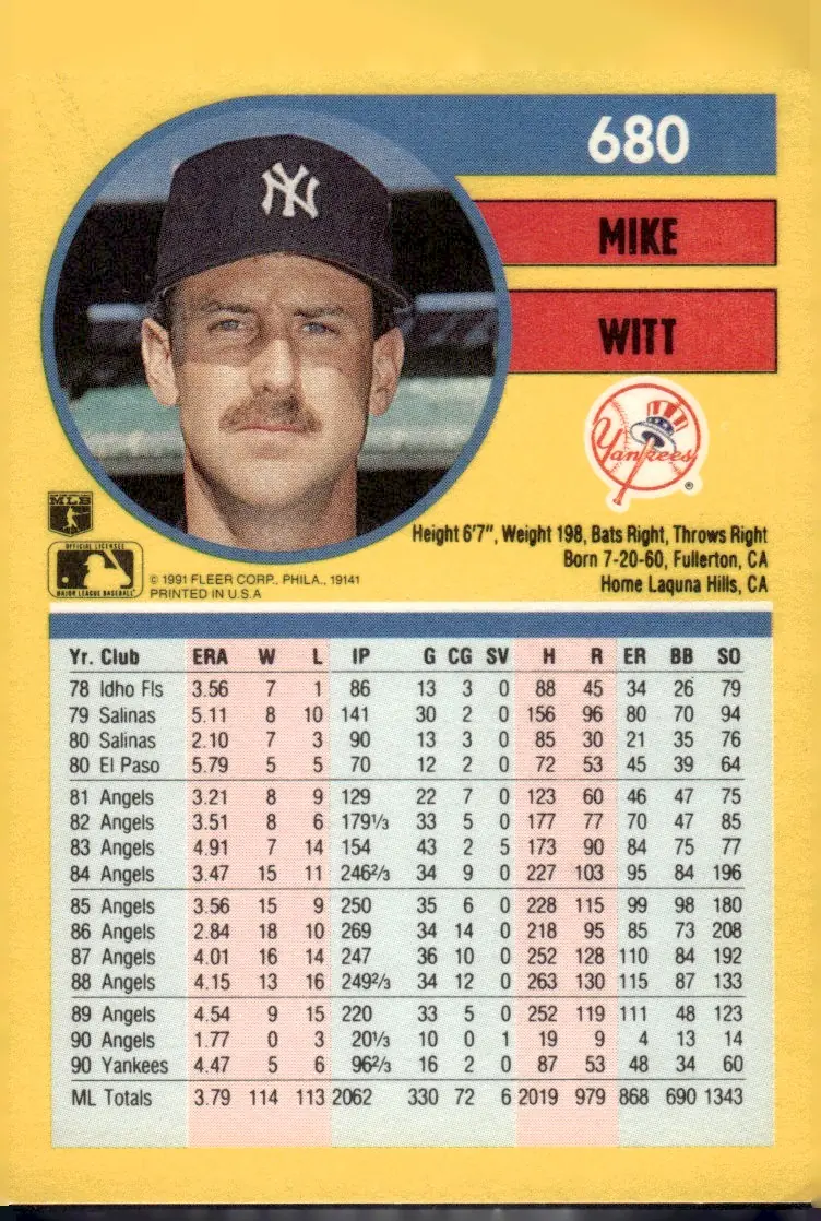 1991 Fleer #680 Mike Witt (back)