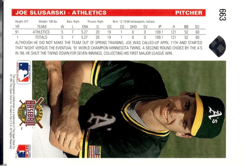 1992 Upper Deck Baseball #663 Joe Slusarski (back)