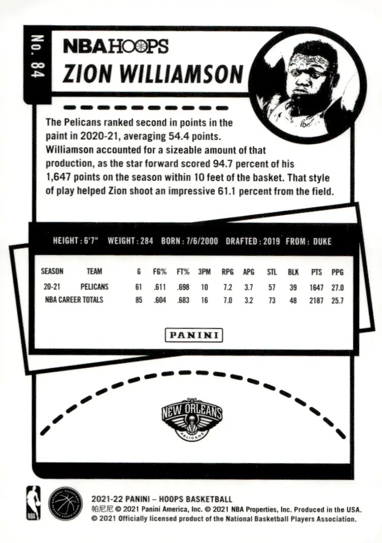 2021-22 NBA Hoops #84 Zion Williamson (back)