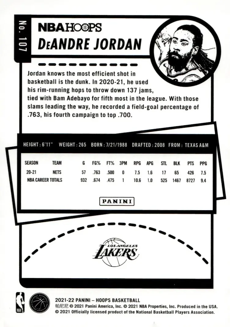 2021-22 NBA Hoops #107 DeAndre Jordan (back)