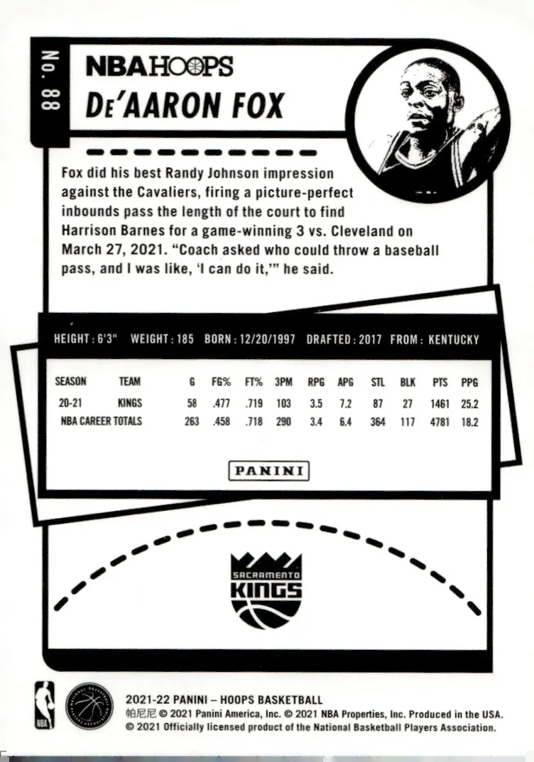 2021-22 NBA Hoops #88 De'Aaron Fox (back)