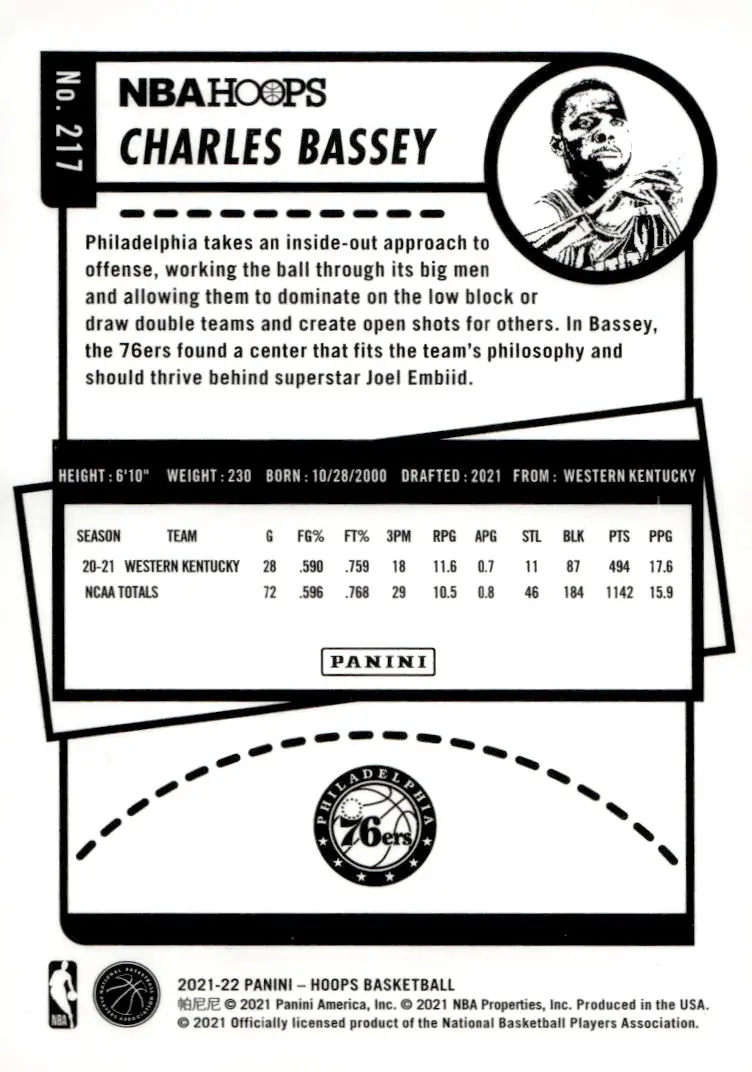 2021-22 NBA Hoops #217 Charles Bassey (back)