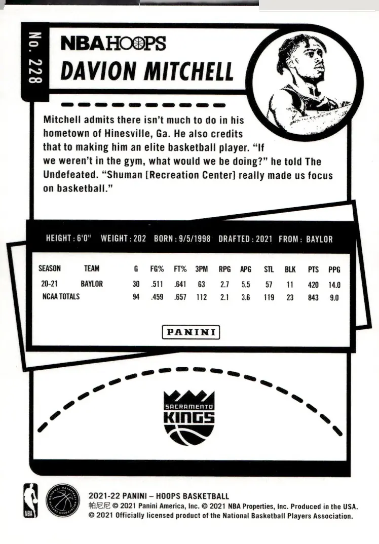2021-22 NBA Hoops #228 Davion Mitchell (back)