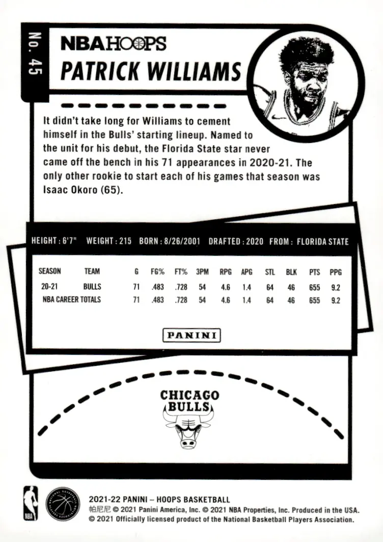 2021-22 NBA Hoops #45 Patrick Williams (back)