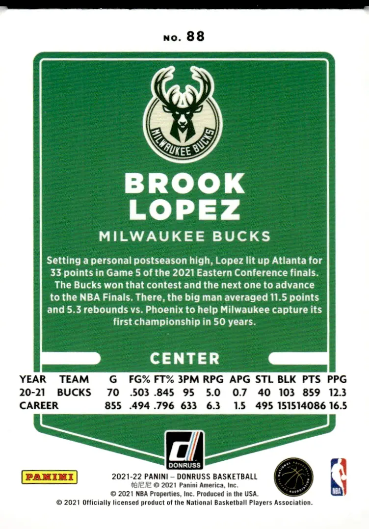 2021-22 Donruss #88 Brook Lopez (back)