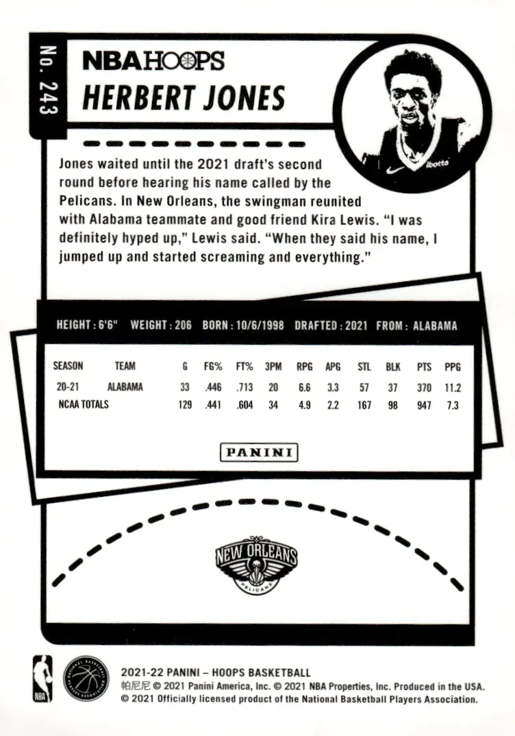 2021-22 NBA Hoops #243 Herbert Jones (back)