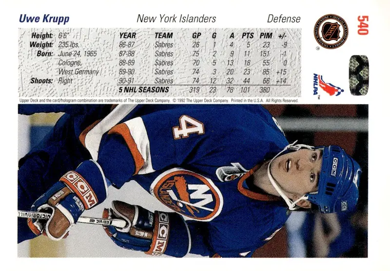 1991-92 Upper Deck #540 Uwe Krupp (back)
